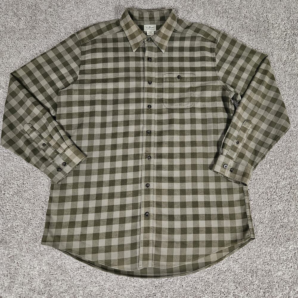 L.L. Bean Flannel Shirt Mens Large Tall LT Green Check Plaid Button Up Work